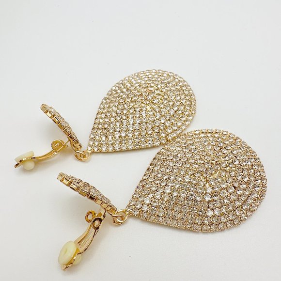 CLIP ON Large Gold Tone Tear Drop Rhinestone  Earrings - Picture 5 of 6